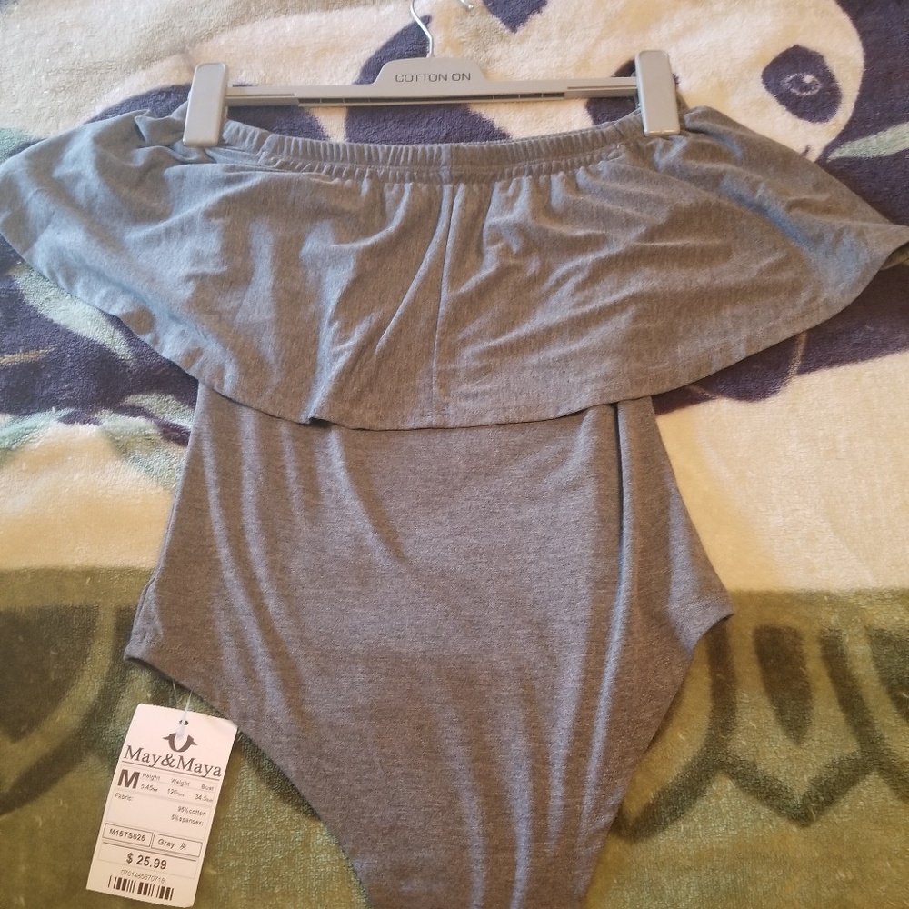 Off shoulder ruffle grey bodysuit